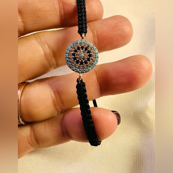 Black Macrame Evil Eye Turquoise & Cubic Zirconia Setting Bracelet - Picture 1 of 2
